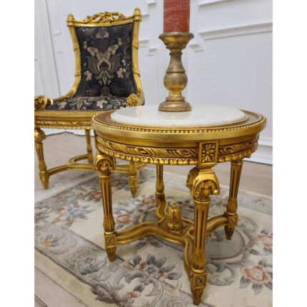 Luxury Round Side Table – Hand-Carved Gold Finish with Marble Top