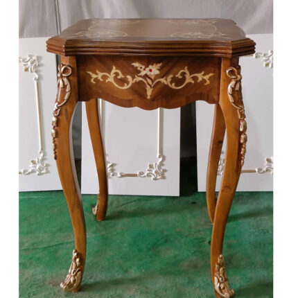 Handcrafted Wooden Side Table – Inlay Floral Design with Carved Legs