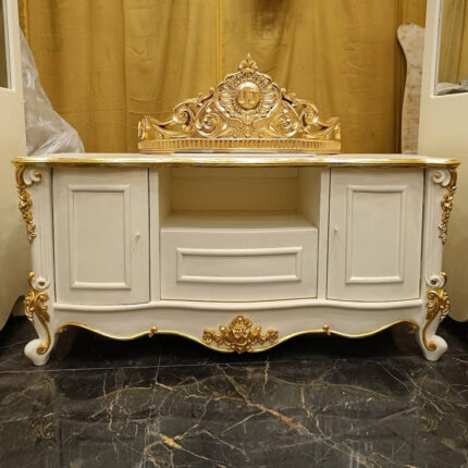 Luxury Handcrafted TV Cabinet – White and Gold Royal Design