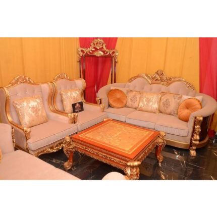 Royal Living Room Sofa Set – Handcrafted Gold Finish with Designer Cushions