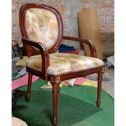 Handcrafted Wooden Armchair – Oval Back with Printed Upholstery