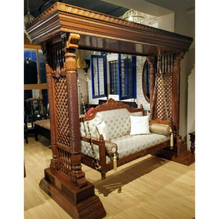 Handcrafted Wooden Jhula (Swing) – Traditional Carved Design with Upholstered Seat