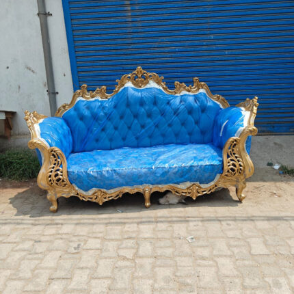 Royal Wooden Sofa – Gold Carving with Blue Tufted Upholstery
